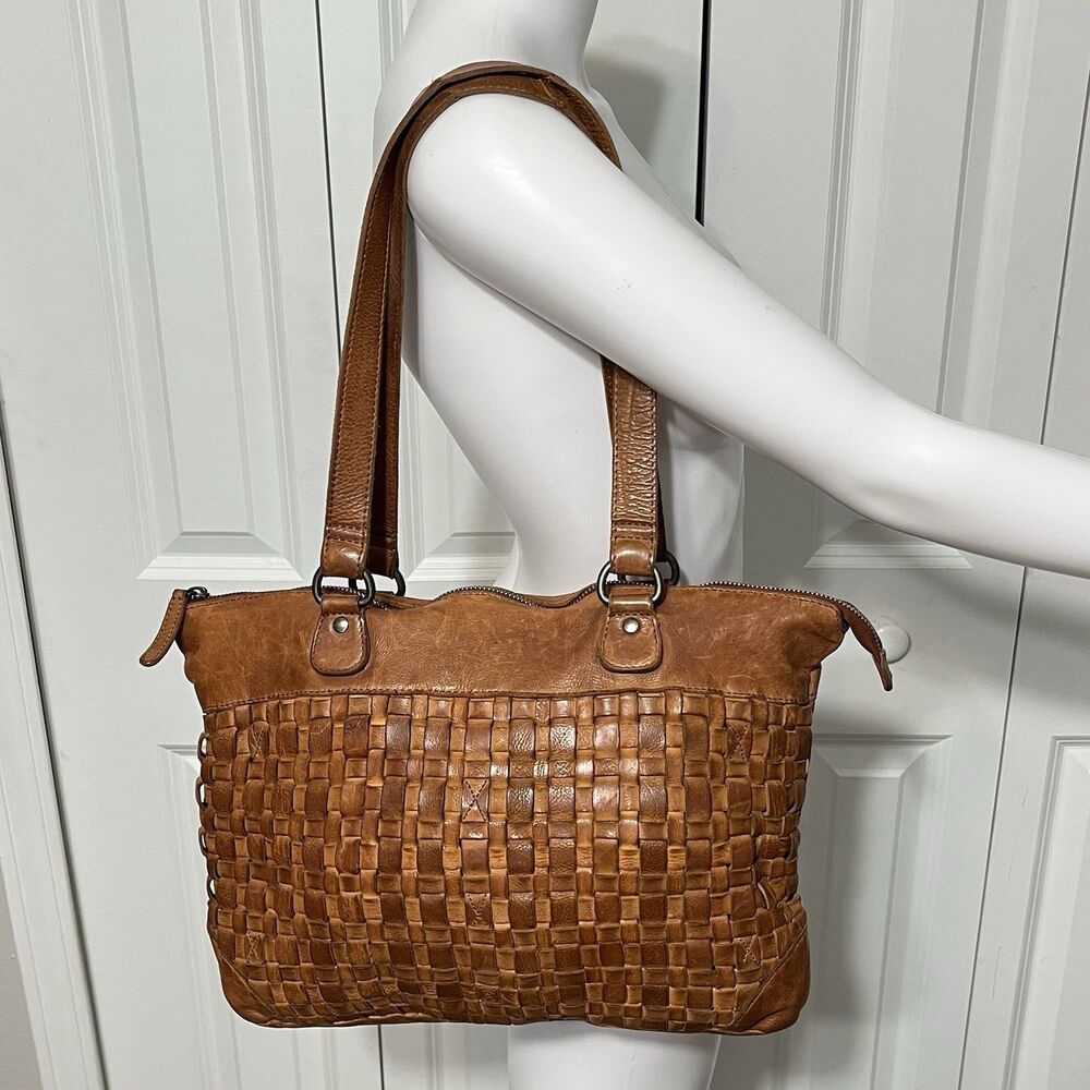 Vilenca Holland Purse Cognac Brown Woven Leather Laptop Shoulder Bag Womens